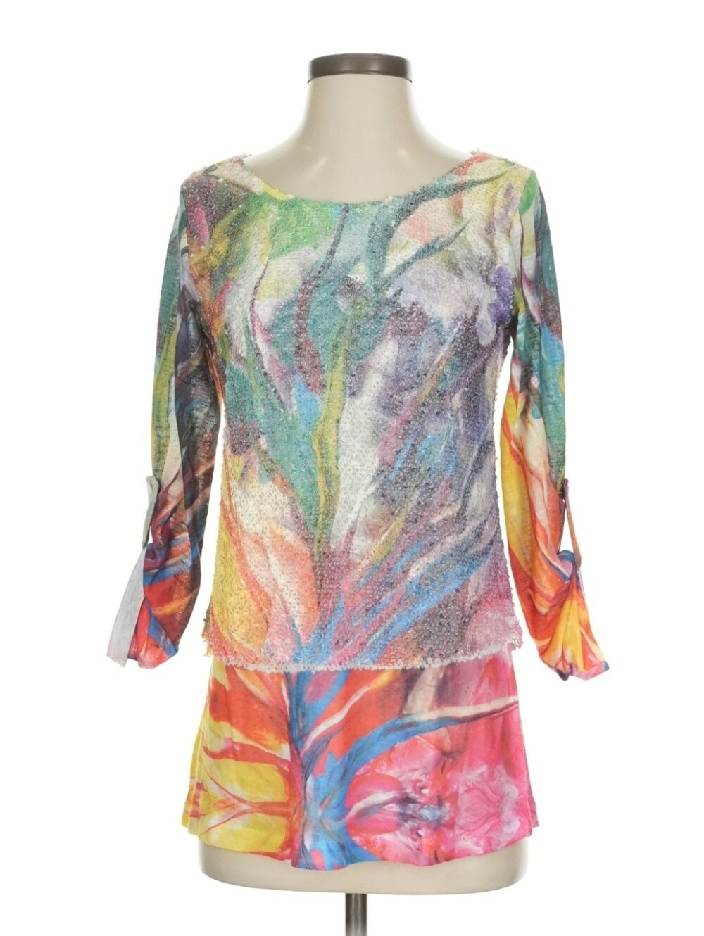 Angel Apparel Size XS 3/4 Sleev Multicolor Abstract Print Women's Boatneck Top